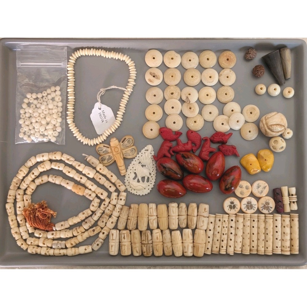 Vintage‎ Carved Bone Bead Lot Skull Necklace Mixed Material Craft Jewelry